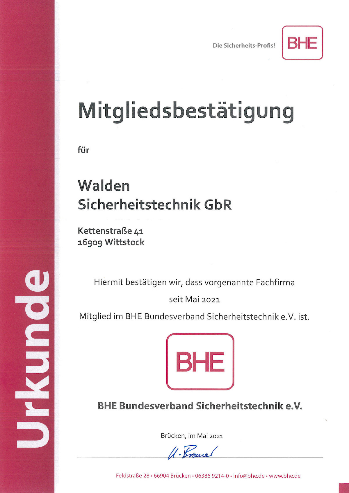 Zertifikat von Walden Sicherheitstechnik in Wittstock